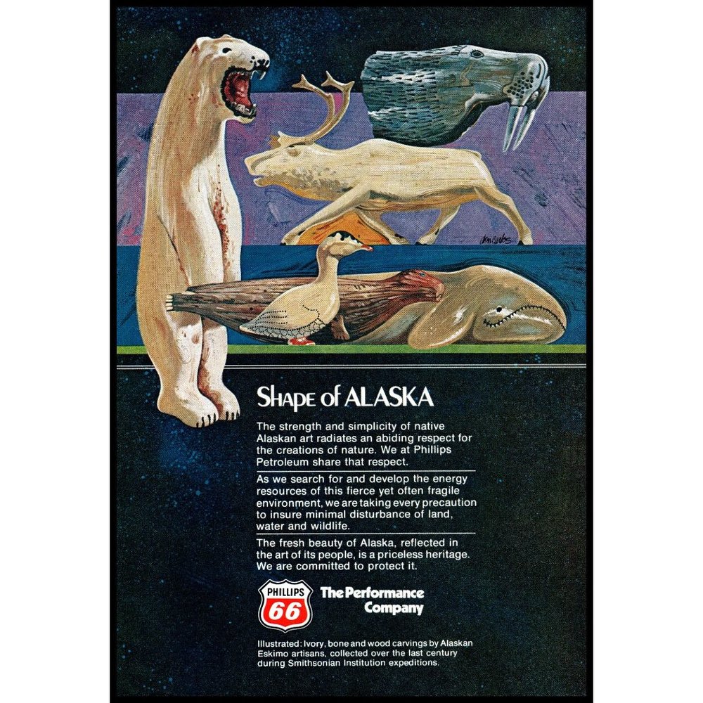 1975 Phillips 66 Shape of Alaska Vintage Print Ad Polar Bear Walrus Whale Decor